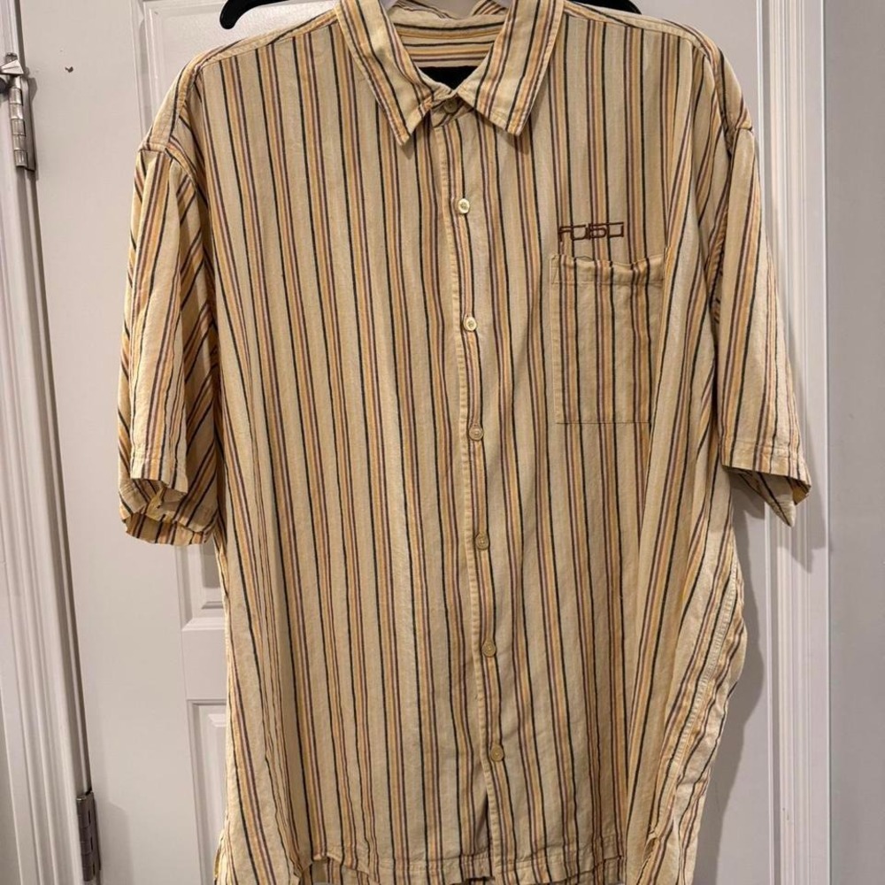 Vintage Fubu The‎ Collection Beige Striped Button-Up Shirt Men's Size 3XL Retro